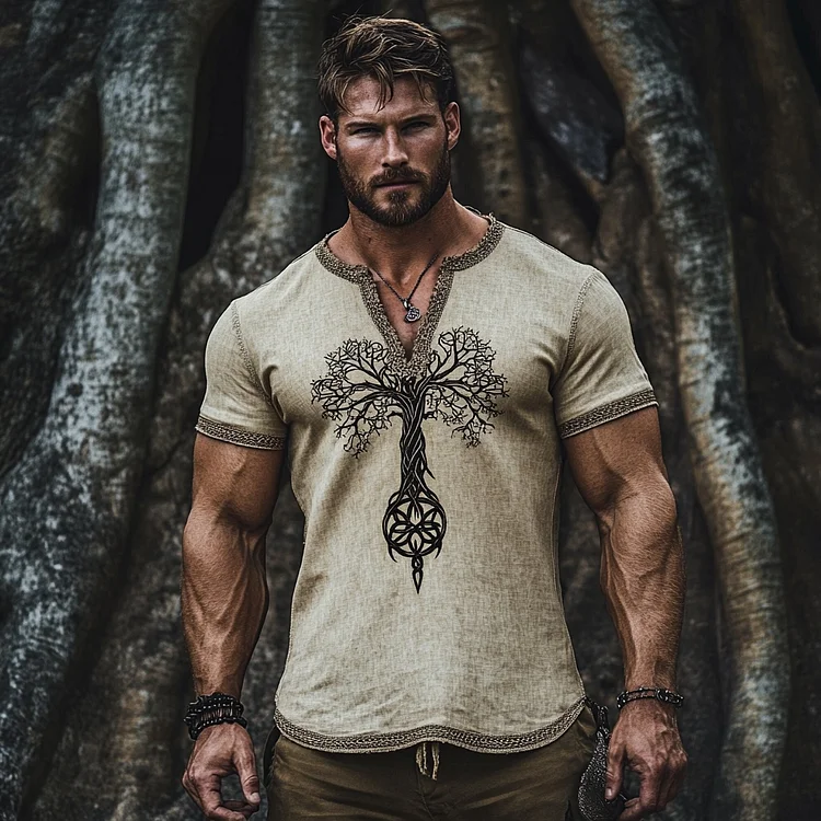 Simpfit Herrenhemd mit besticktem Wikinger-Keltisch-Mythischen Baum des Lebens