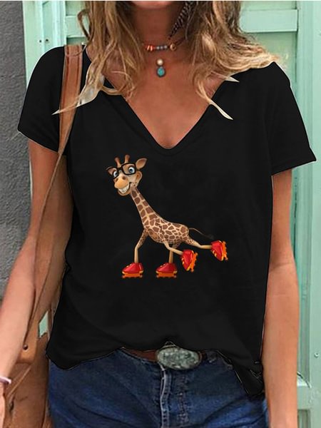 Summer New Style Women's Cute Giraffe Print Short-sleeved Deep V-neck T-shirt Casual Pattern Shirt Loose Solid Color Top - Shop Trendy Women's Fashion | TeeYours