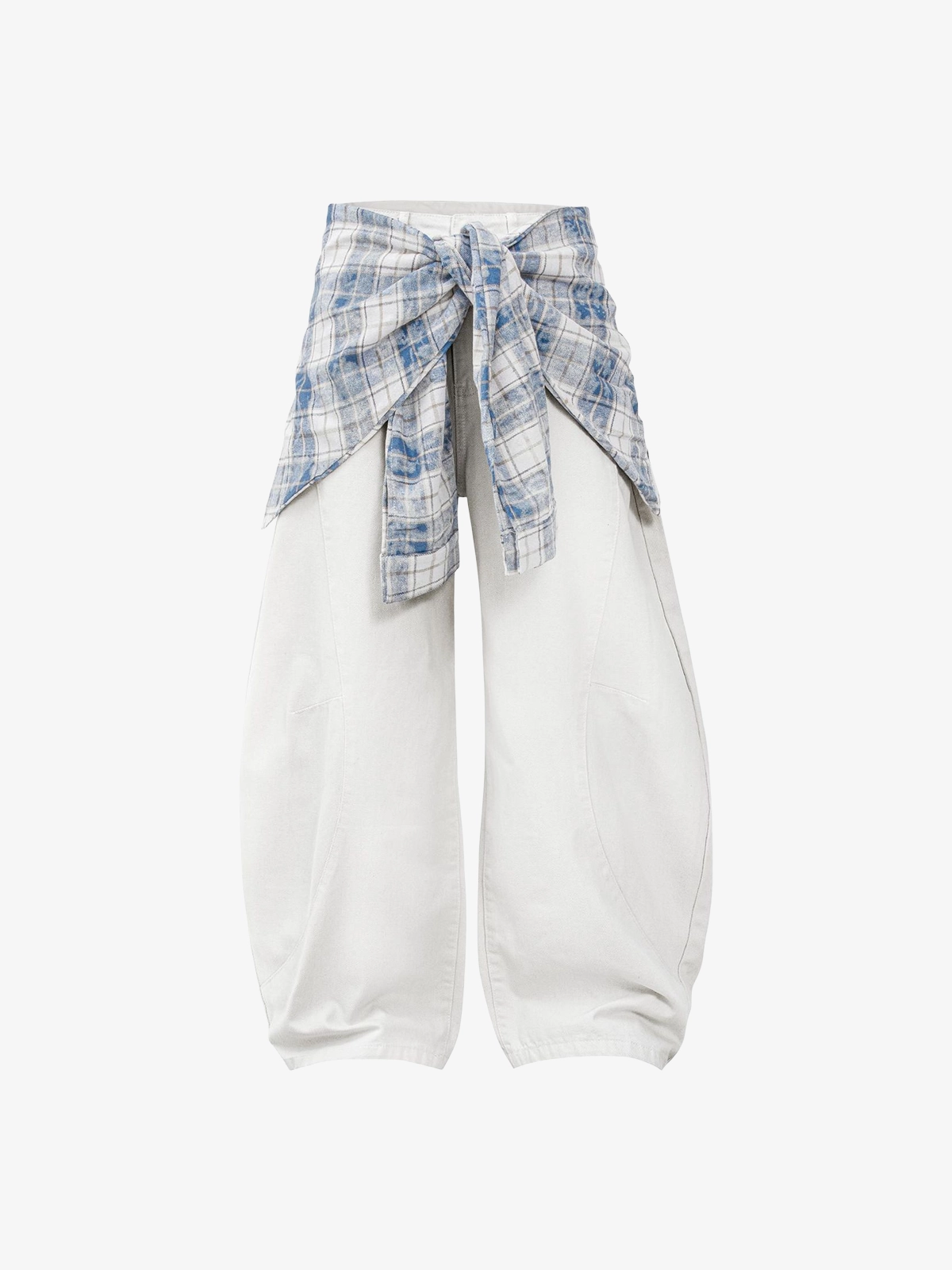 White Act Chic Layered Look Plaid Patchwork Tie Waistband Jeans Front