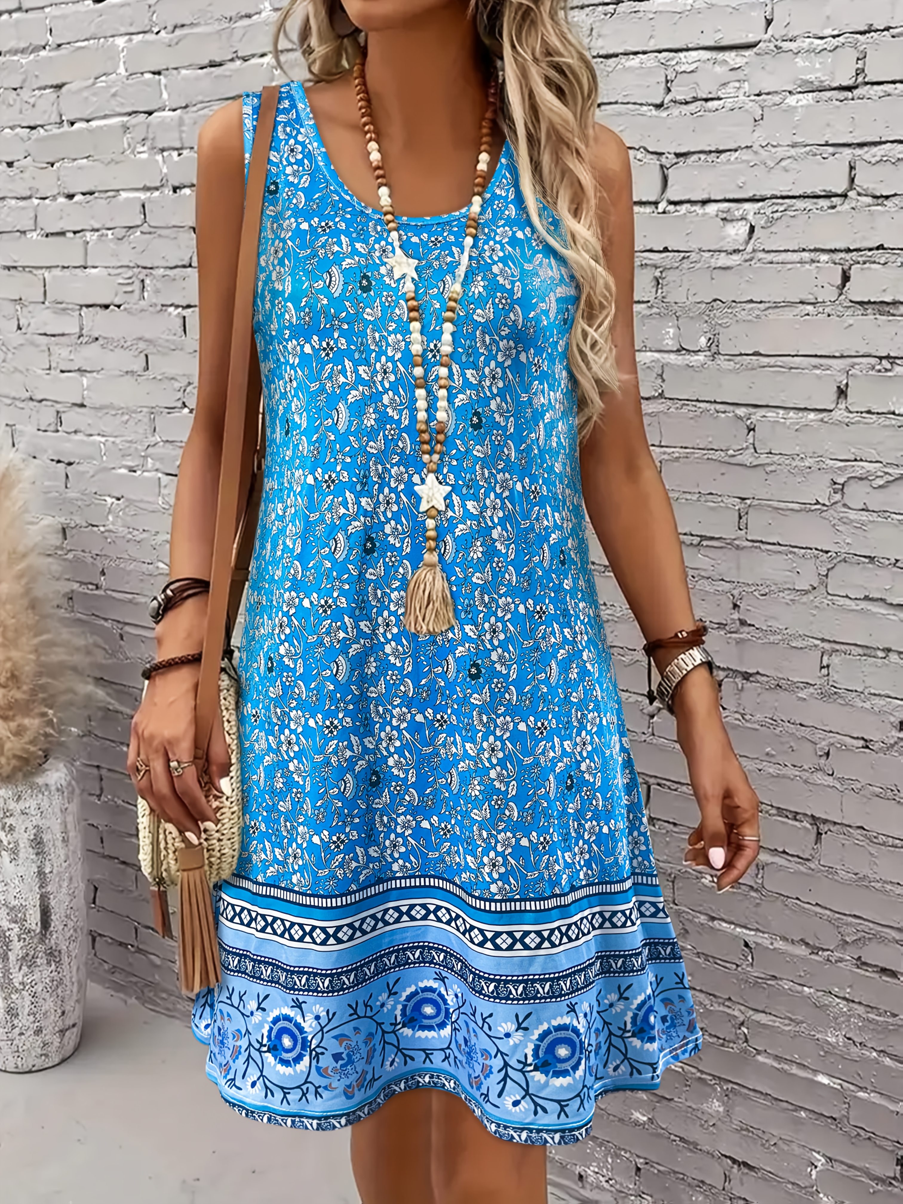 Elegant Women's Sleeveless Floral Print Dress - Light Blue With White & Green Floral Pattern, Round Neck, A-Line Silhouette, Perfect For Spring/Summer Vacations, Casual Elegance | Floral Print Dress | Aline Silhouette, Floral Dress | IFYHOME