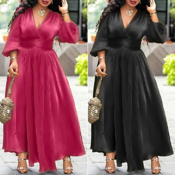 Women Vintage Daily Full Puff Sleeve V-Neck Party Dress Solid Color High Waist Pleated Evening Dress Plus Size Loose Maxi Dress