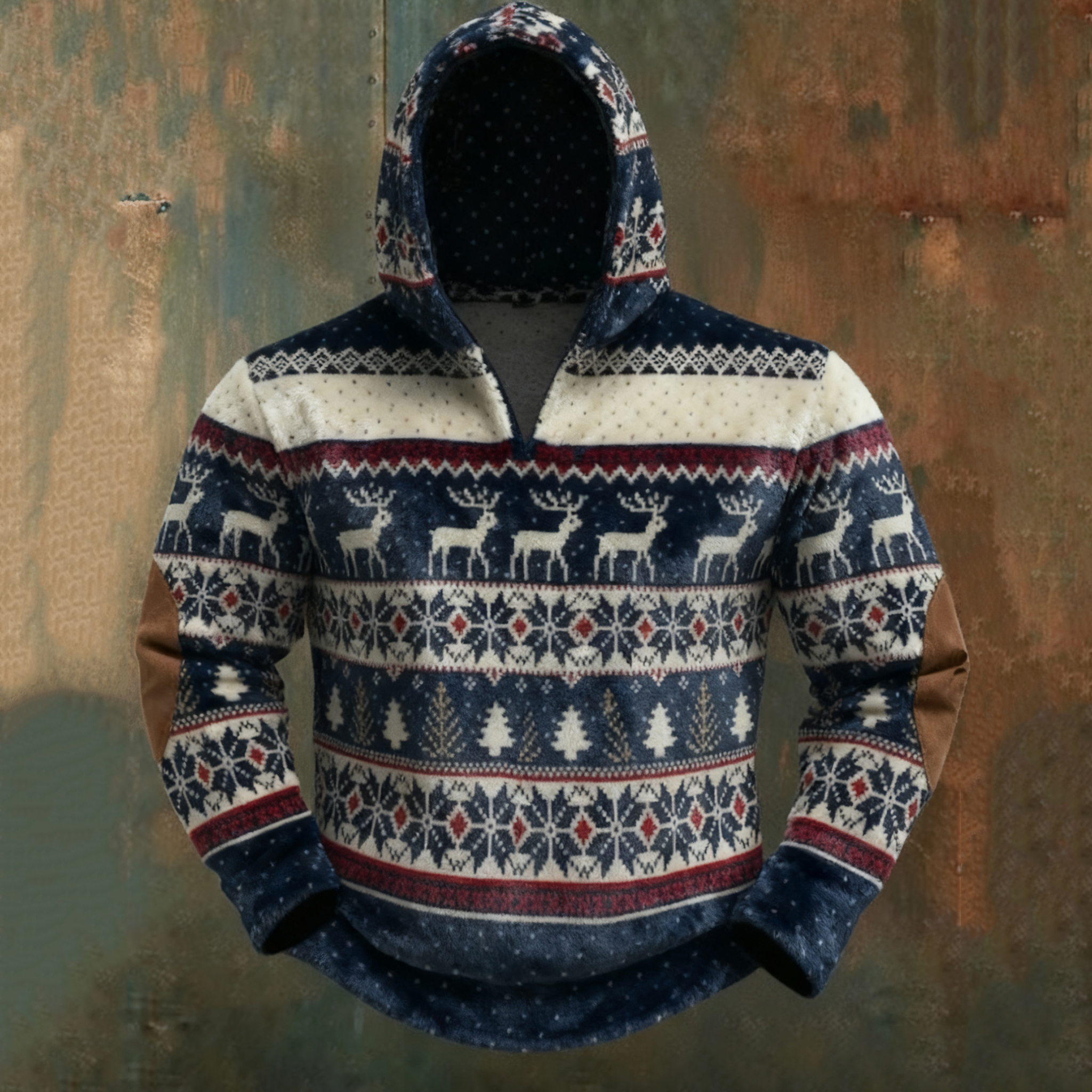 Men's Vintage Merry Christmas Deer Art Hooded Flannel Sweatshirt elevenforest