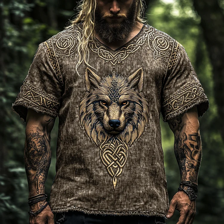 Men's Vintage Viking Wolf Print V-neck Linen Blend T-shirt