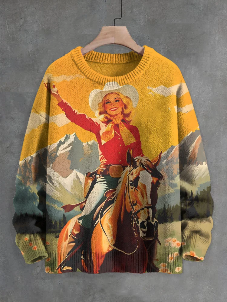 Men's Western Cowgirl Riding Horse Art Print Knit Sweatshirt