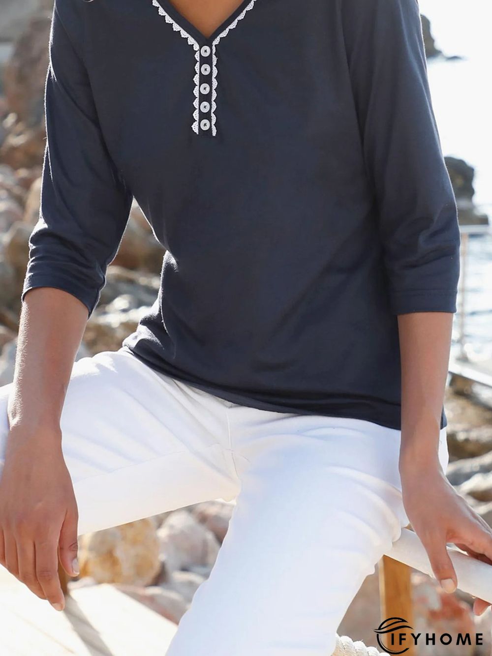 Plain Casual Lace Buttoned Three Quarter Loose T-Shirt | IFYHOME