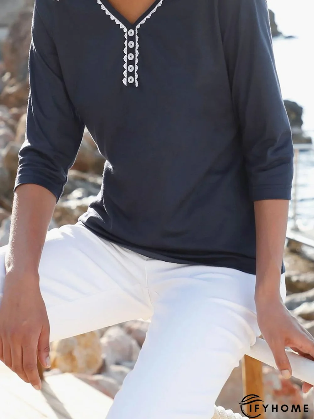 Plain Casual Lace Buttoned Three Quarter Loose T-Shirt | IFYHOME