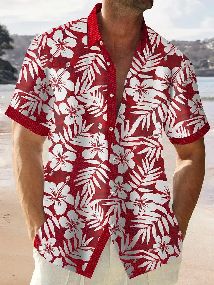 Mens Hawaiian red flower print Plus Size Shirt 2