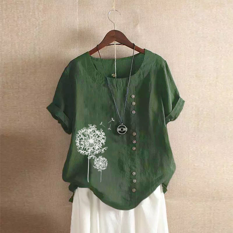 Wicketwarriorss Leisure Dandelion Print Blouse Lady Summer Retro Casual Loose Short Sleeved Pullover Cotton Linen Shirt For Women's Clothing