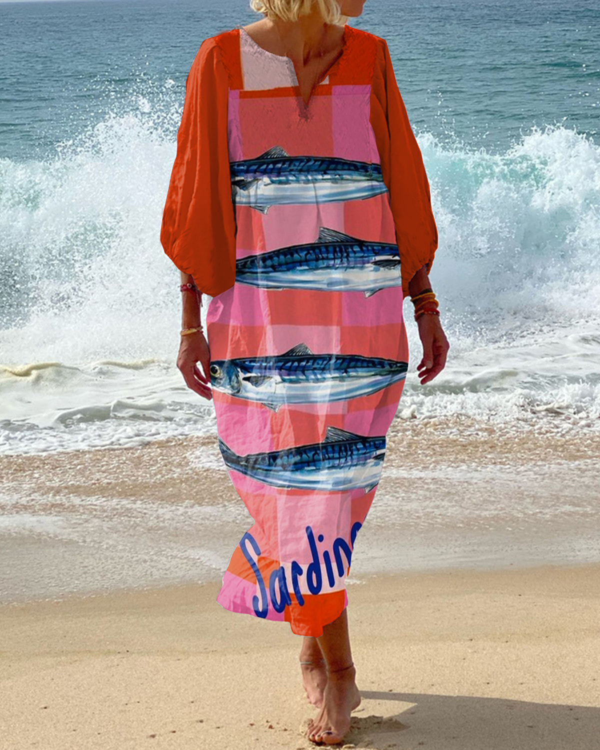 Holiday Plaid Fish Art Print V-Neck Loose Dress