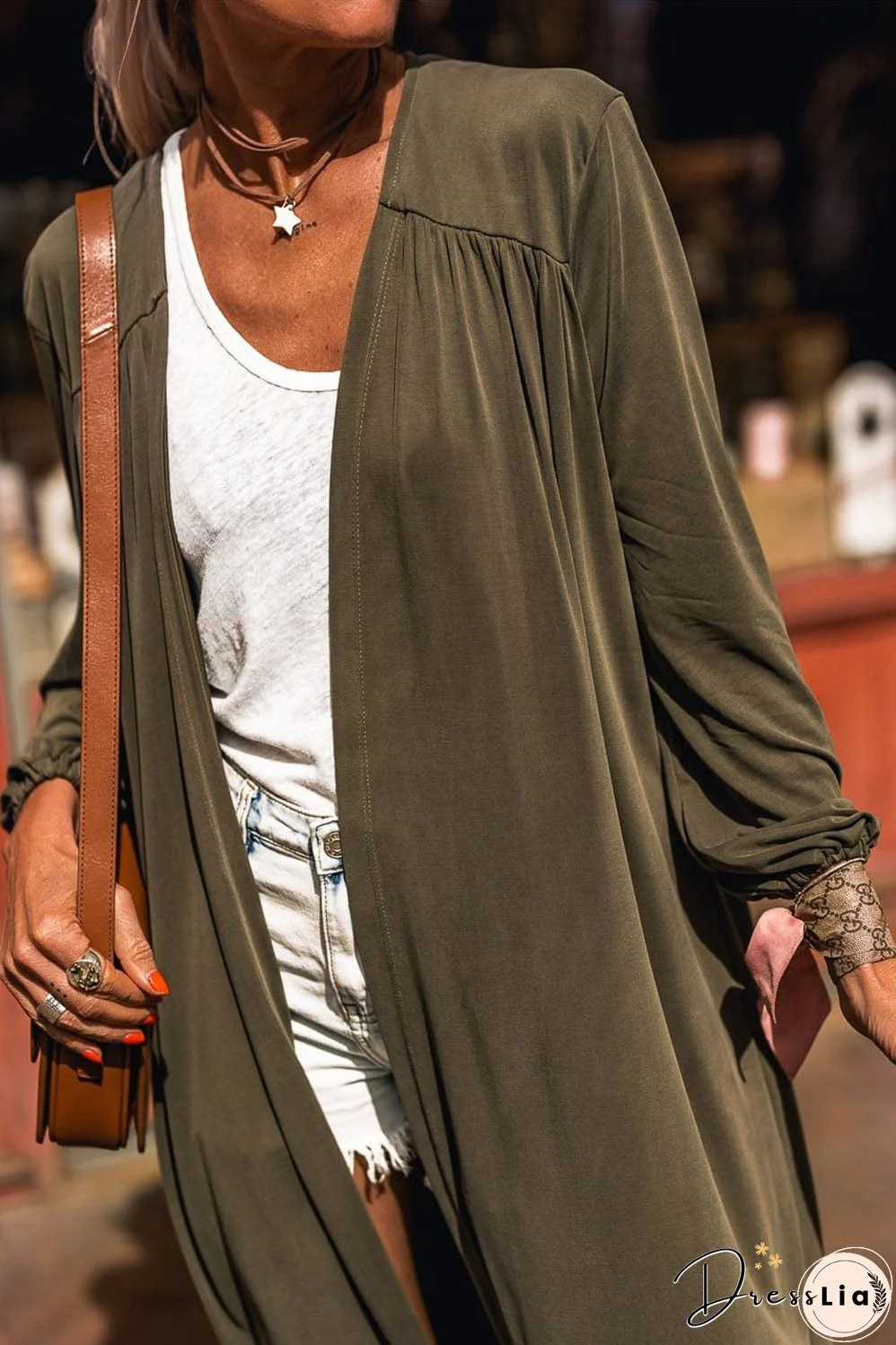 Green V-Neck Maxi Duster Cardigan with Captivating Patterns and Textures