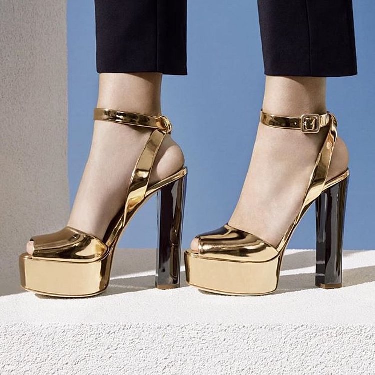 Golden Chunky Heels Platform Sandals Peep Toe Slingback Sandals |FSJ Shoes