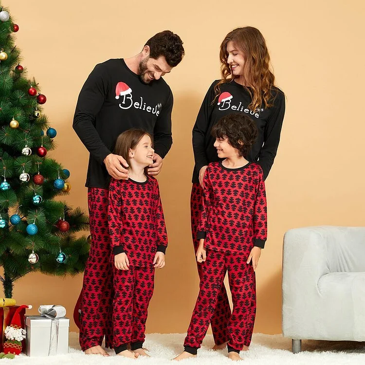 ' Believe ' Top and Christmas Tree Print Pants Family Matching Pajamas Sets