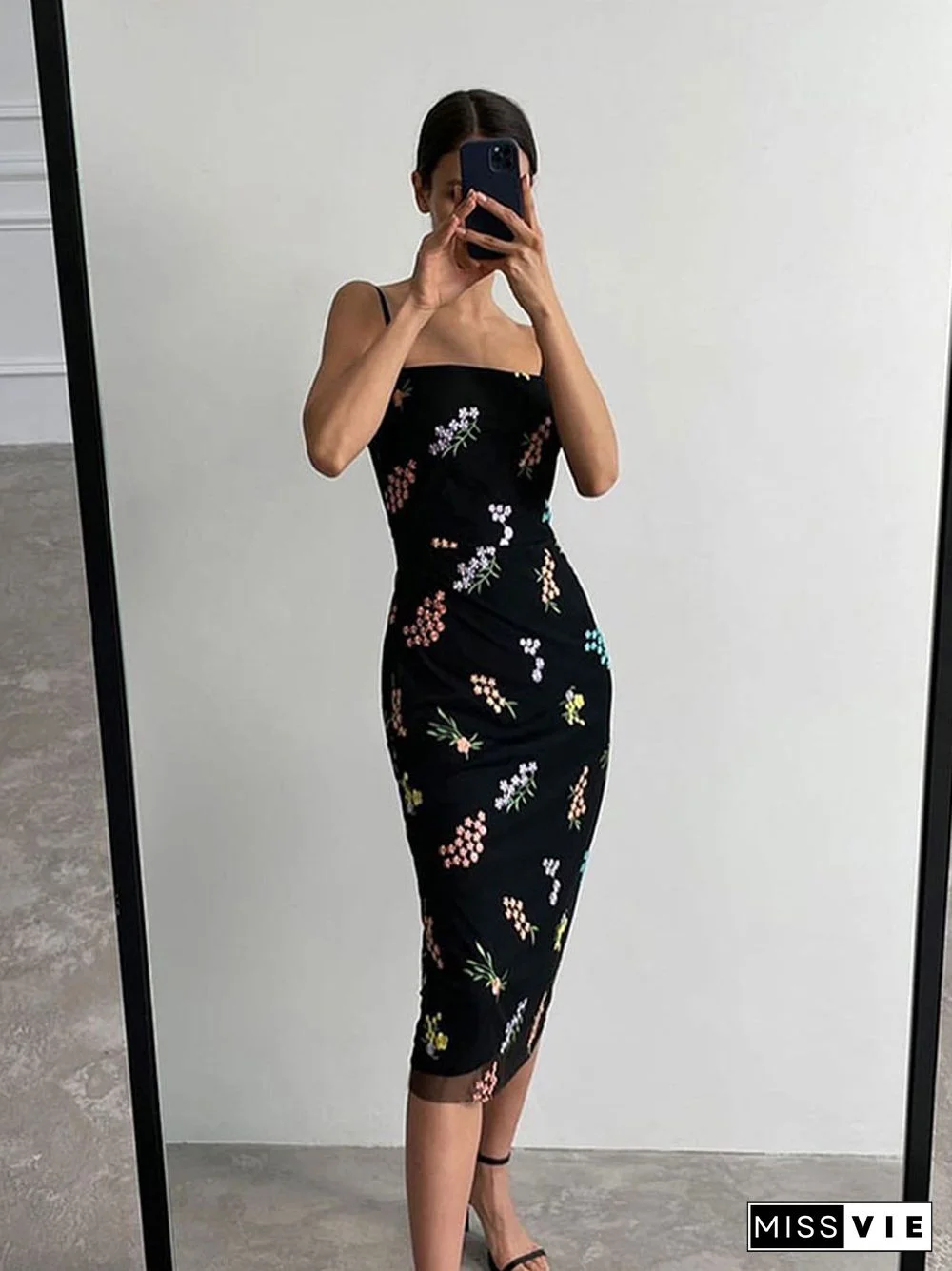 Elegant Woman Embroidery Floral Print Dress Female Slim Stylish Spaghetti Strap Dress For Women Summer Office Lady Vestidos