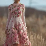 Classy Pink Roses Beaded Cozy Knit Sweater Dress - Image 2