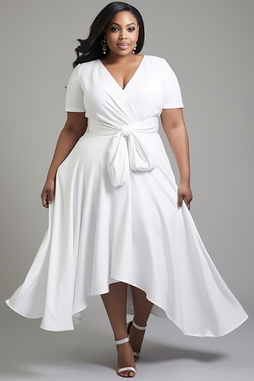 Design Plus Size Daily White Wrap Neck Short Sleeve Asymmetric Hem Peplum Knitted Maxi Dresses [Pre-Order]