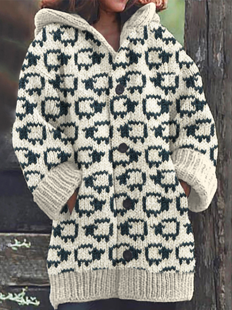 Sheep Loop Pattern Cozy Knit Hooded Cardigan