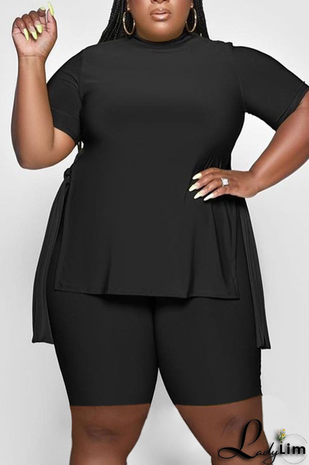 Rose Red Casual Solid Split Joint Slit O Neck Plus Size Two Pieces