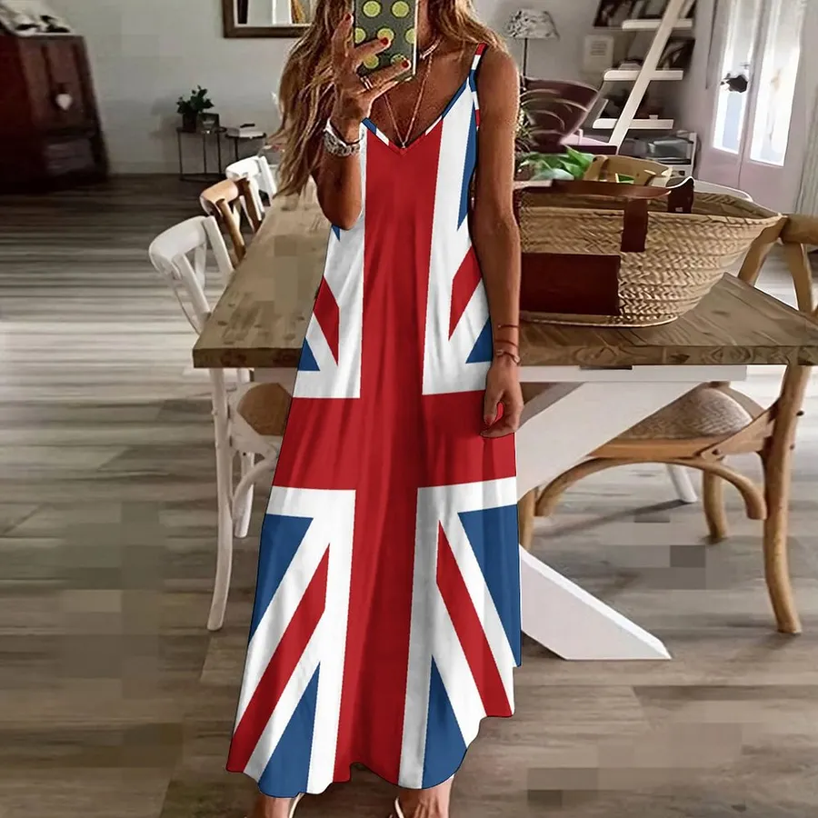Union Jack Uk Flag Red White Blue Women's Casual Strappy V Neck Sleeveless  Flowy Loose Long Maxi Beach Dress Sundress