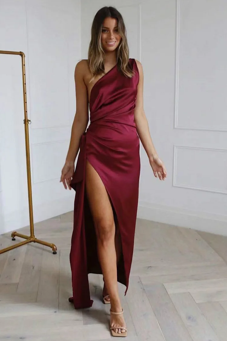 One Shoulder Backless Asymmetric Slit Prom Maxi Dresses