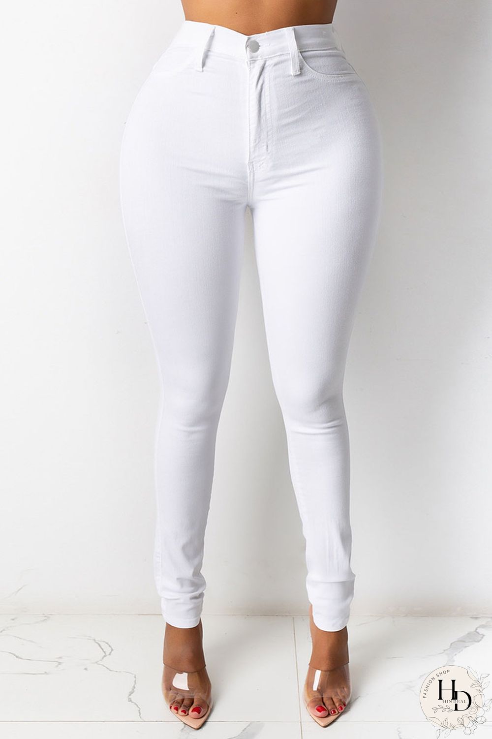 White Street Solid Buttons High Waist Regular Denim