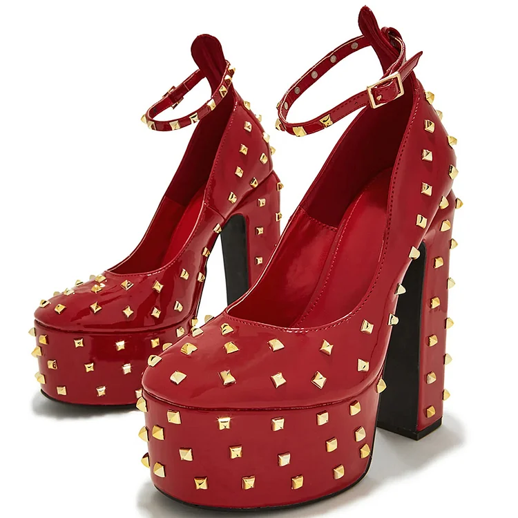 Red Ankle Strap Patent Shoes Women's Chunky Heel Platform Rivets Pumps |FSJ Shoes