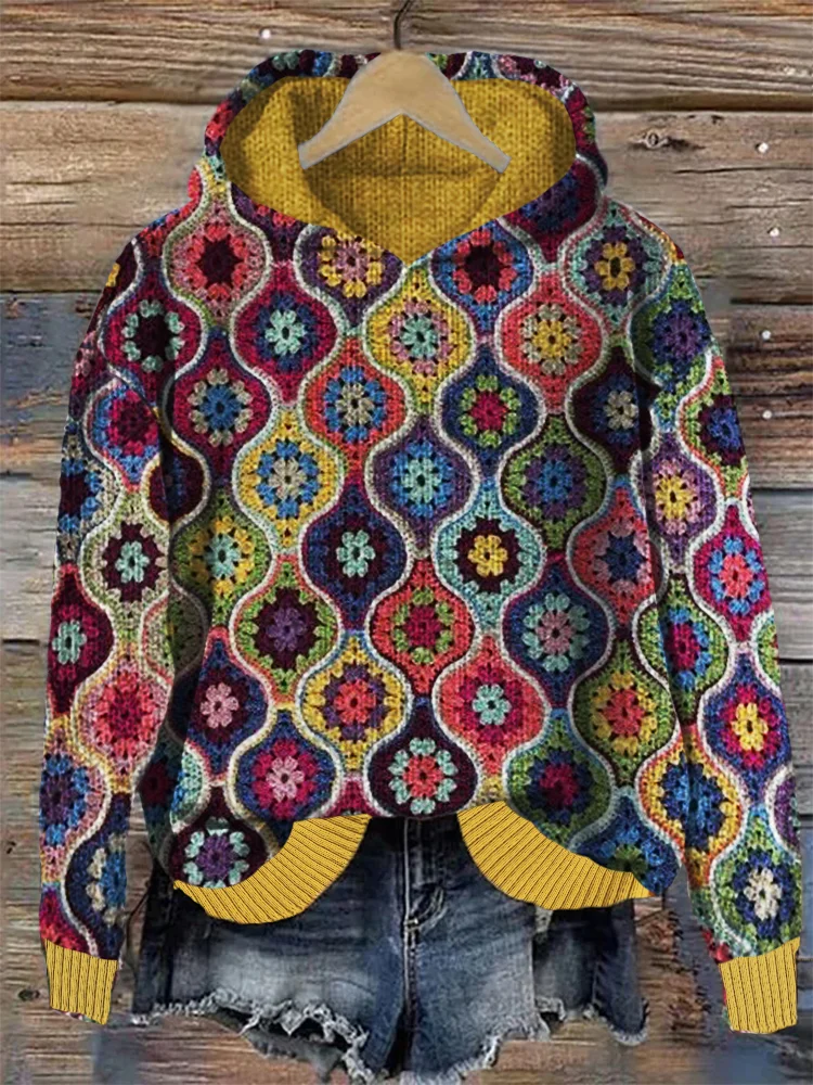 VChics Colorful Boho Crochet Art Cozy Knit Hoodie