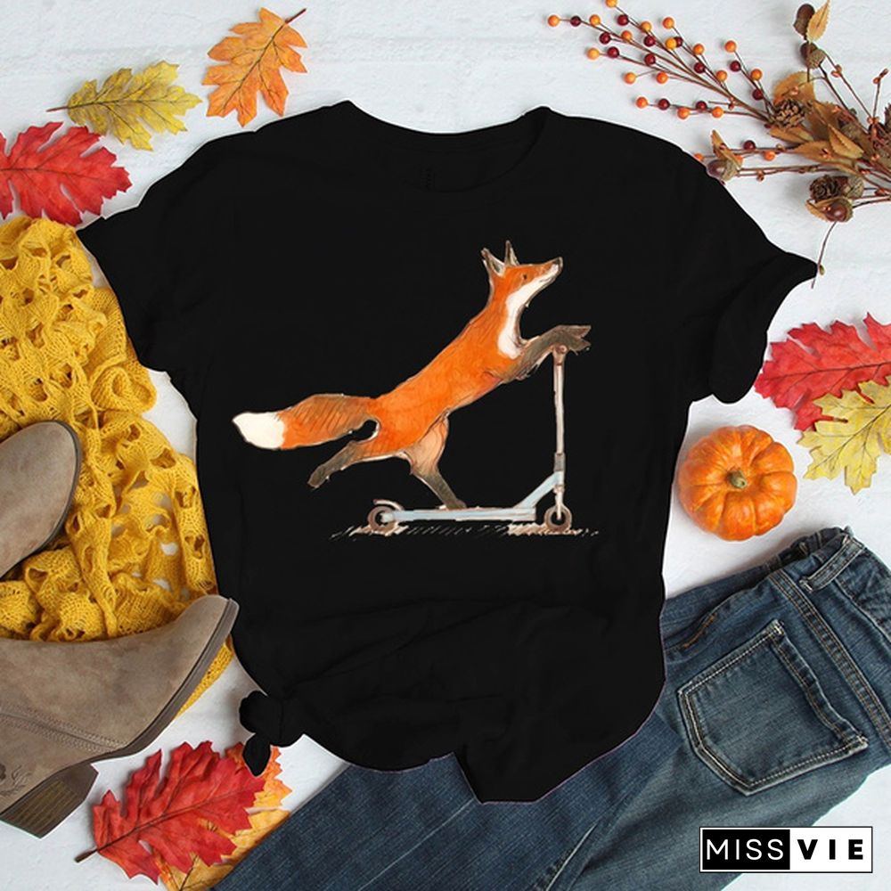 Cute Fox T-shirts For Women Summer Lovely Short Sleeve Casual T-shirts Funny Ladies Round Neck Tops