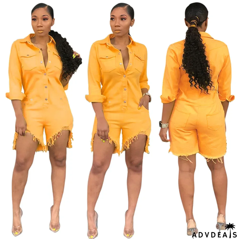 Orange Denim Casual Irregular Rompers