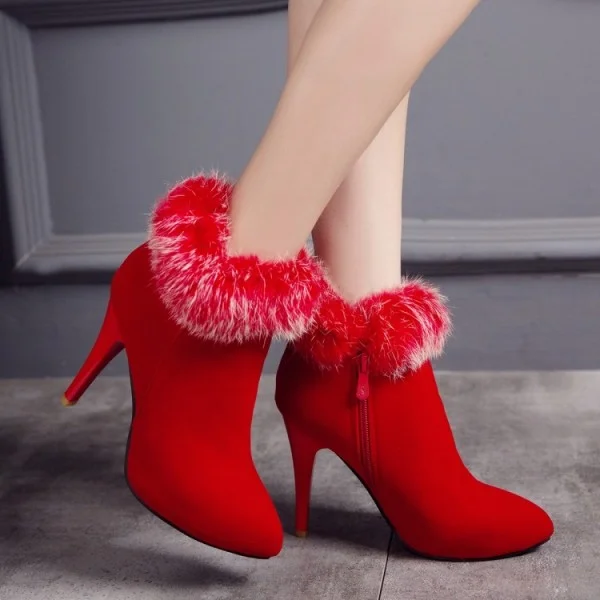 Red Suede Furry Stiletto Heel Ankle Booties Nicepairs
