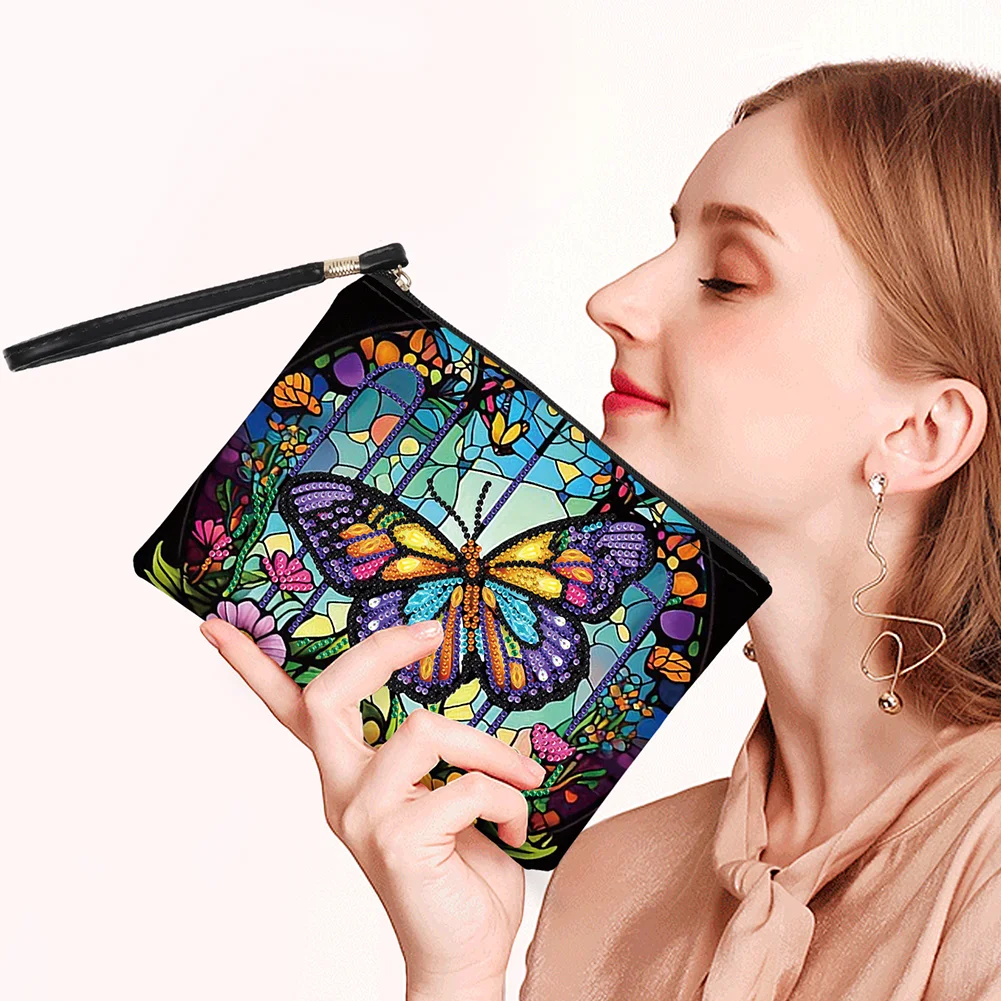DIY Butterfly PU Partial Special Shaped Diamond Painting Wallet Makeup Bag