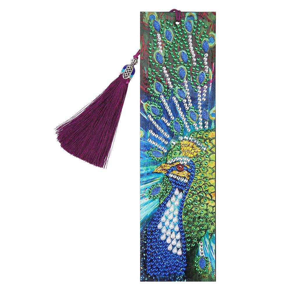 DIY Peafowl Crystal Rhinestones Diamond Painting Leather Tassel Bookmark Gift