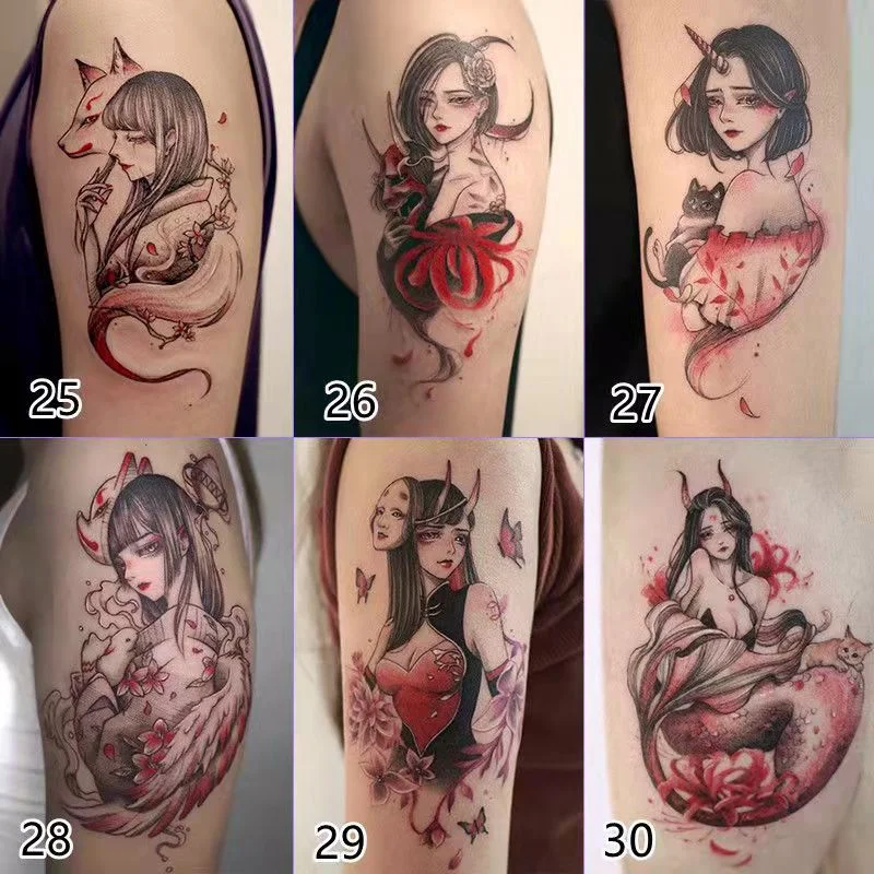 New 6pc/Lot Japanese Cartoon Beautiful Girl Temporary Tattoo Stickers Female Waterproof Cool Fake Tattoo Art Arm Tattoo Stickers