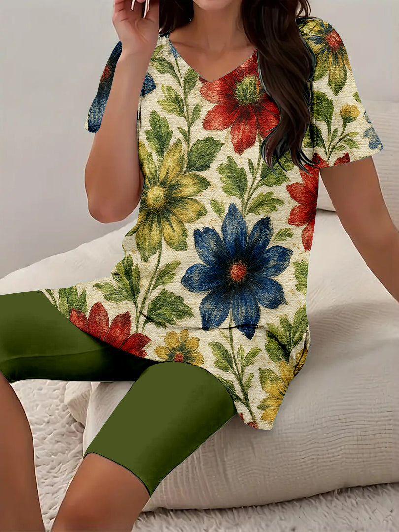 Women Long Sleeve V-neck Graphic Floral Printed Top
