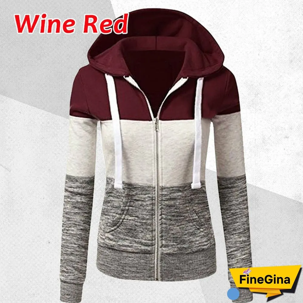 Women Spring/Autumn Casual Long Sleeve Sweatshirts Colorful Patchwork Thin Zip-Up Hoodie Jacket for Drawstring Hoodies S-5XL