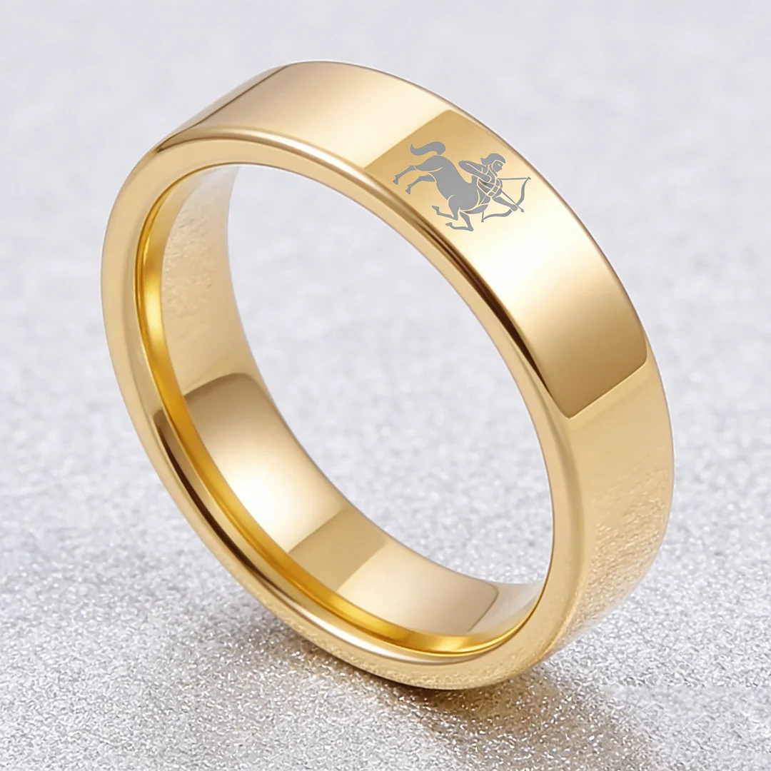 Gold Tungsten Carbide Rings Flat Sagittarius Wedding Band Flat Top Comfort Fit 4MM 6MM 8MM