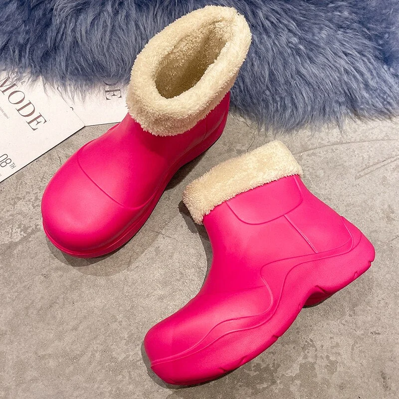 Winter Keep Warm Plush Lining Design Women Ankle Boots Rainboots Slip-on Ladies Rain Shoes Outdoor Waterproof Platform Shoes
