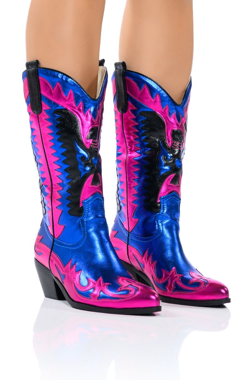 Chunky Heel Mid Calf Boots Cowboy Boots Patchwork Women's Shoes
