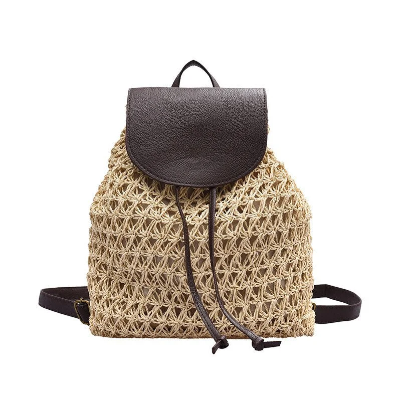 Women Backpack Drawstring Female Fashion Straw Bag Summer Beach Hollow Lady Weave Pack Bag Large Capacity Travel Shoulder Tote