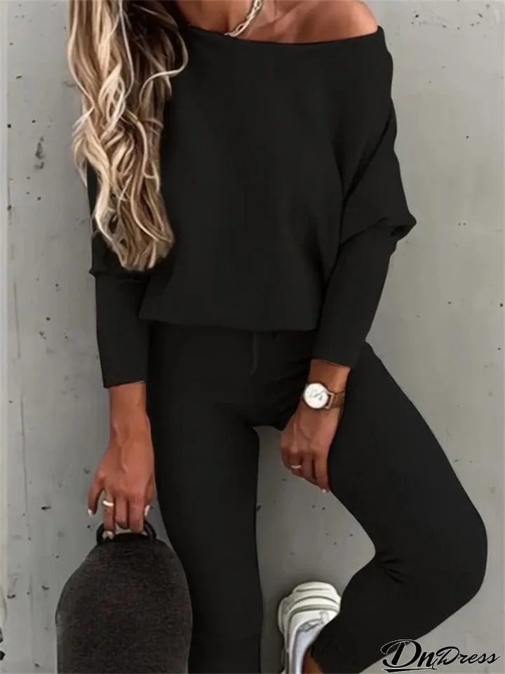 Ladies Solid Long Sleeve Slanted Shoulder Tops Long Trousers Sets