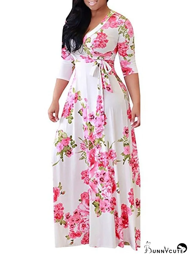 Plus Size Holiday Dress Floral V Neck Print Half Sleeve Fall Spring Casual Maxi long Dress Casual Vacation Dress for Women
