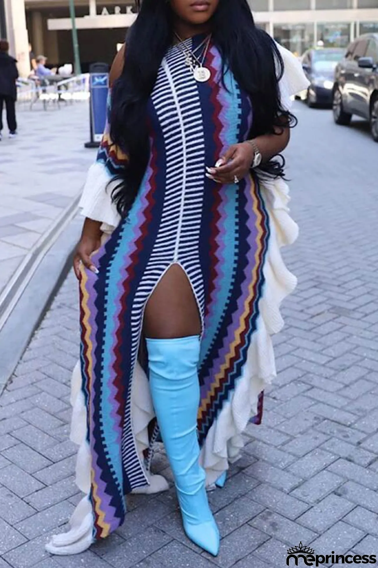 Striped Patchwork Slit knit Dress