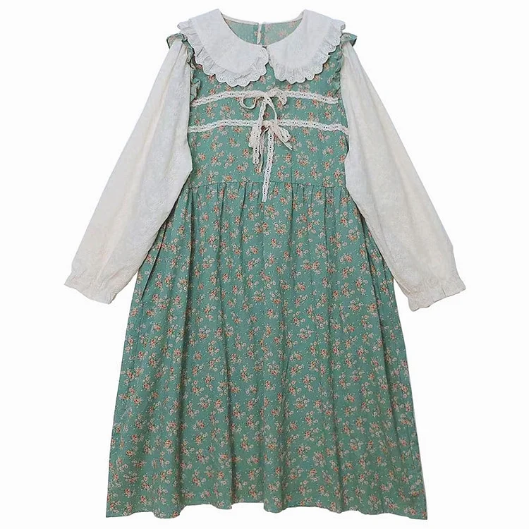 Queenfunky cottagecore style Vintage Cute Fake 2PCS Dress QueenFunky