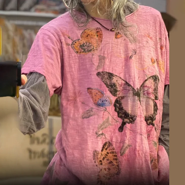 Retro Floral Butterflies Casual T-Shirt