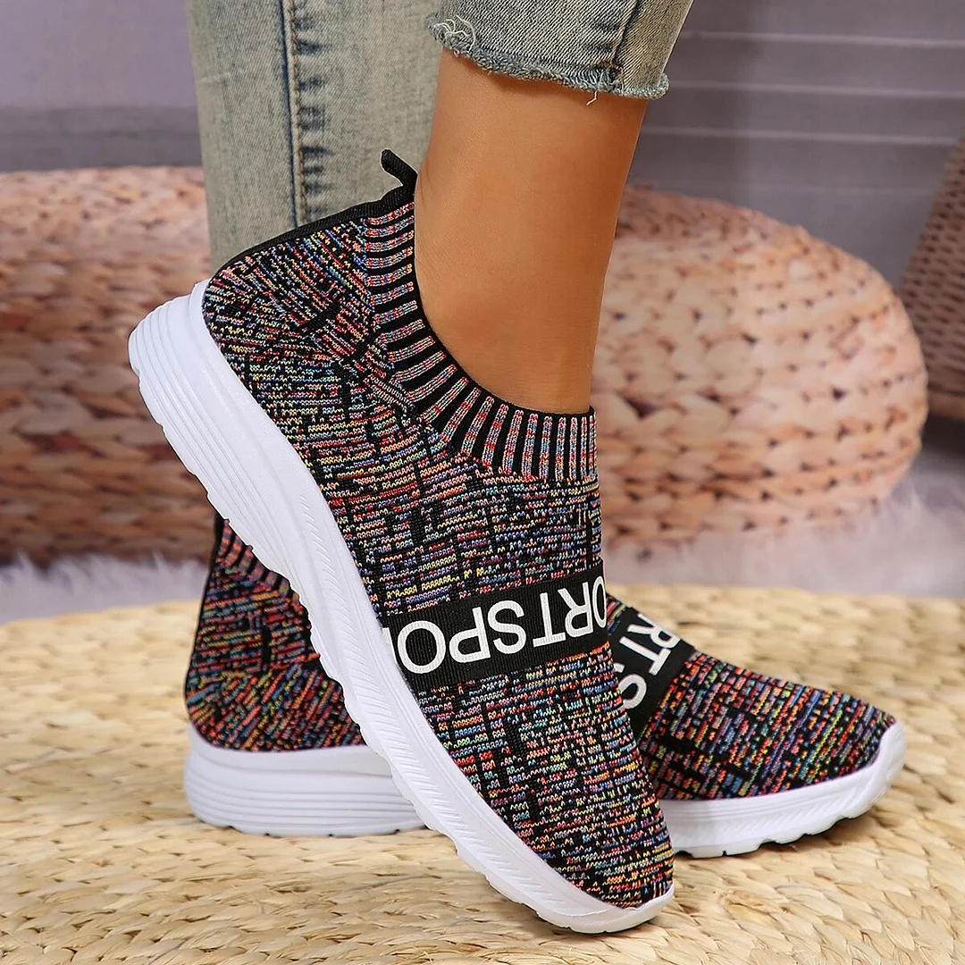 Breakj Women's Lightweight Casual Walking Shoes Fashion Striped Knitted Platform Sneakers Women Slip-On Breathable Mesh Flats Plus Size