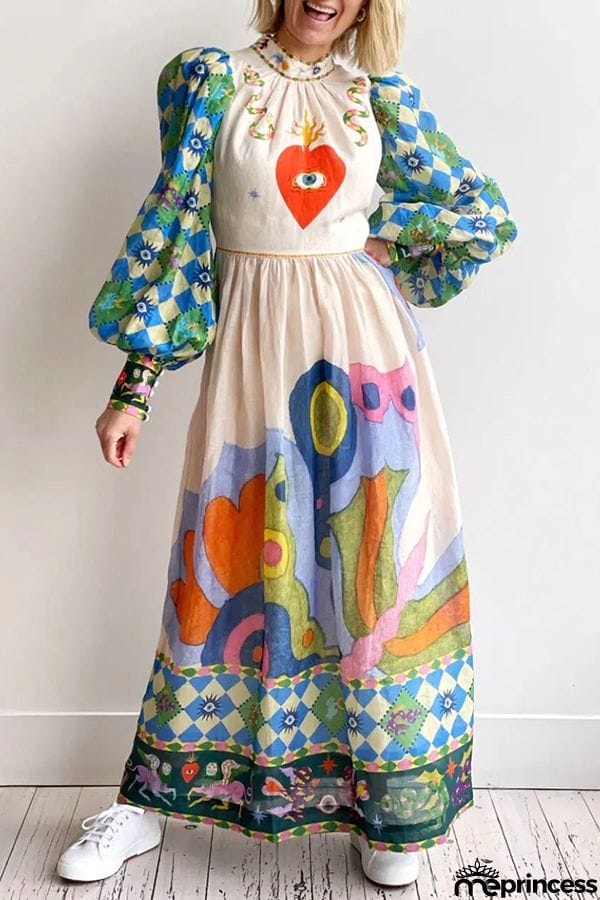 Dear To My Heart Unique Print Lantern Sleeve A-line Midi Dress