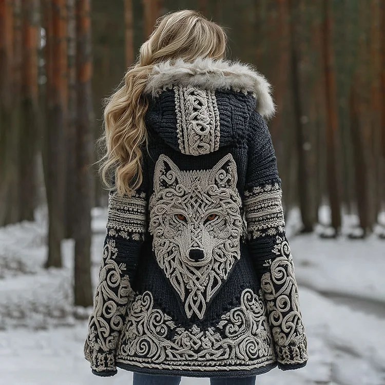 Women Viking Wolf Celtic Knot Art Cozy Fur Collar Hooded Cardigan