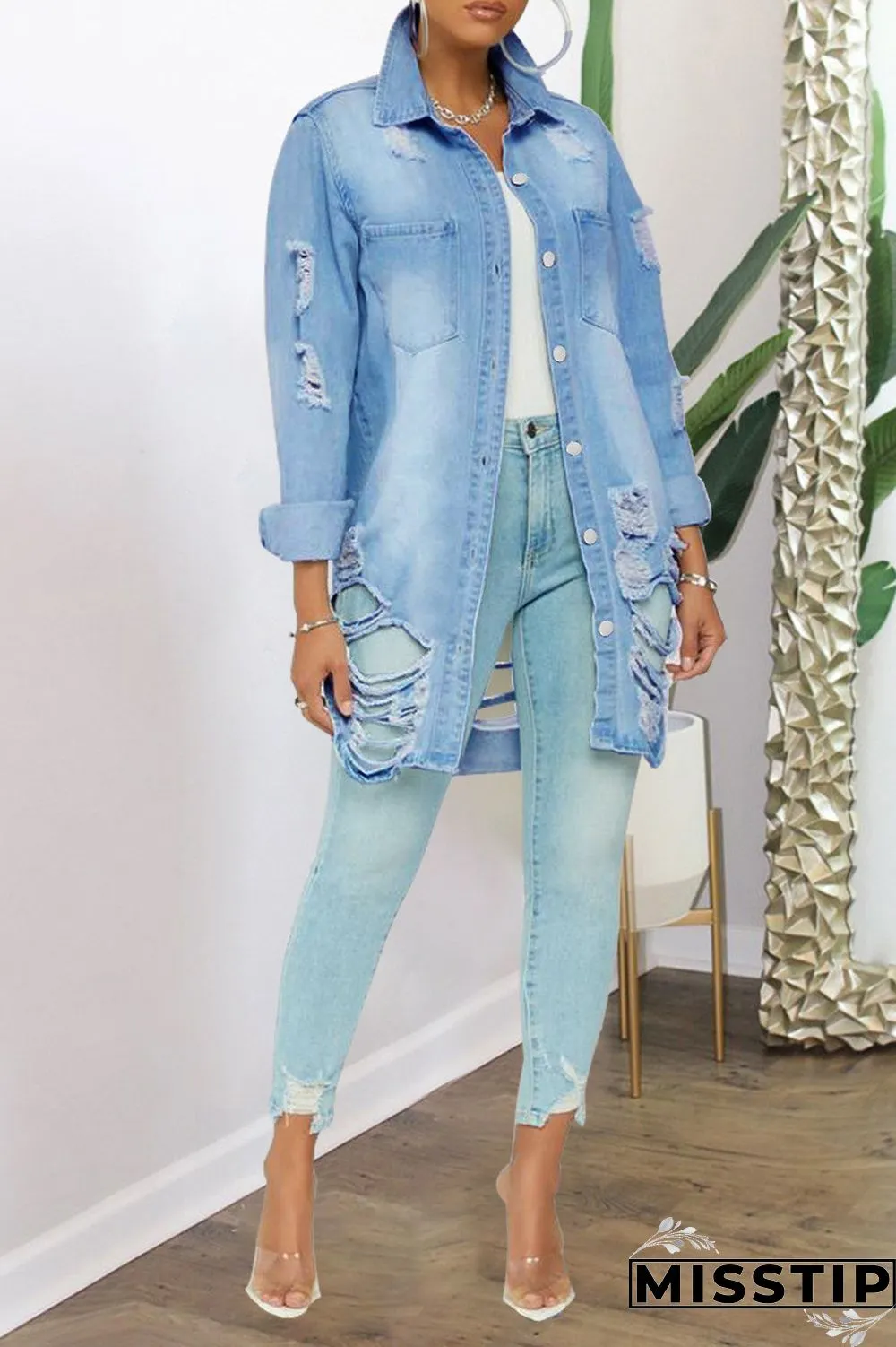 Dark Blue Fashion Casual Solid Ripped Turndown Collar Plus Size Overcoat