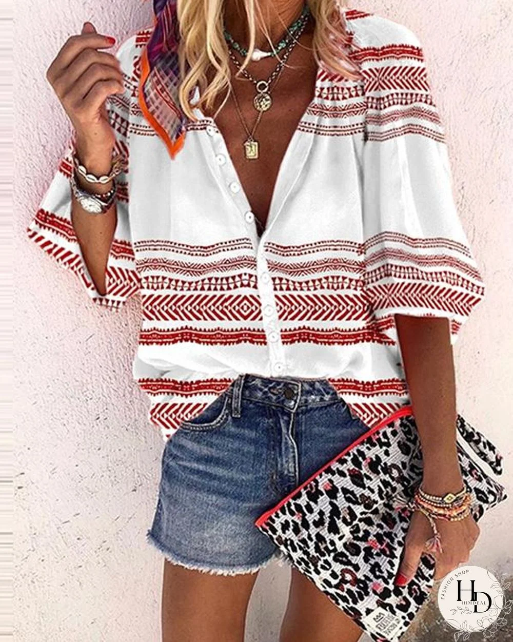 Printed Casual V-Neckline 3/4 Sleeves Women Blouses