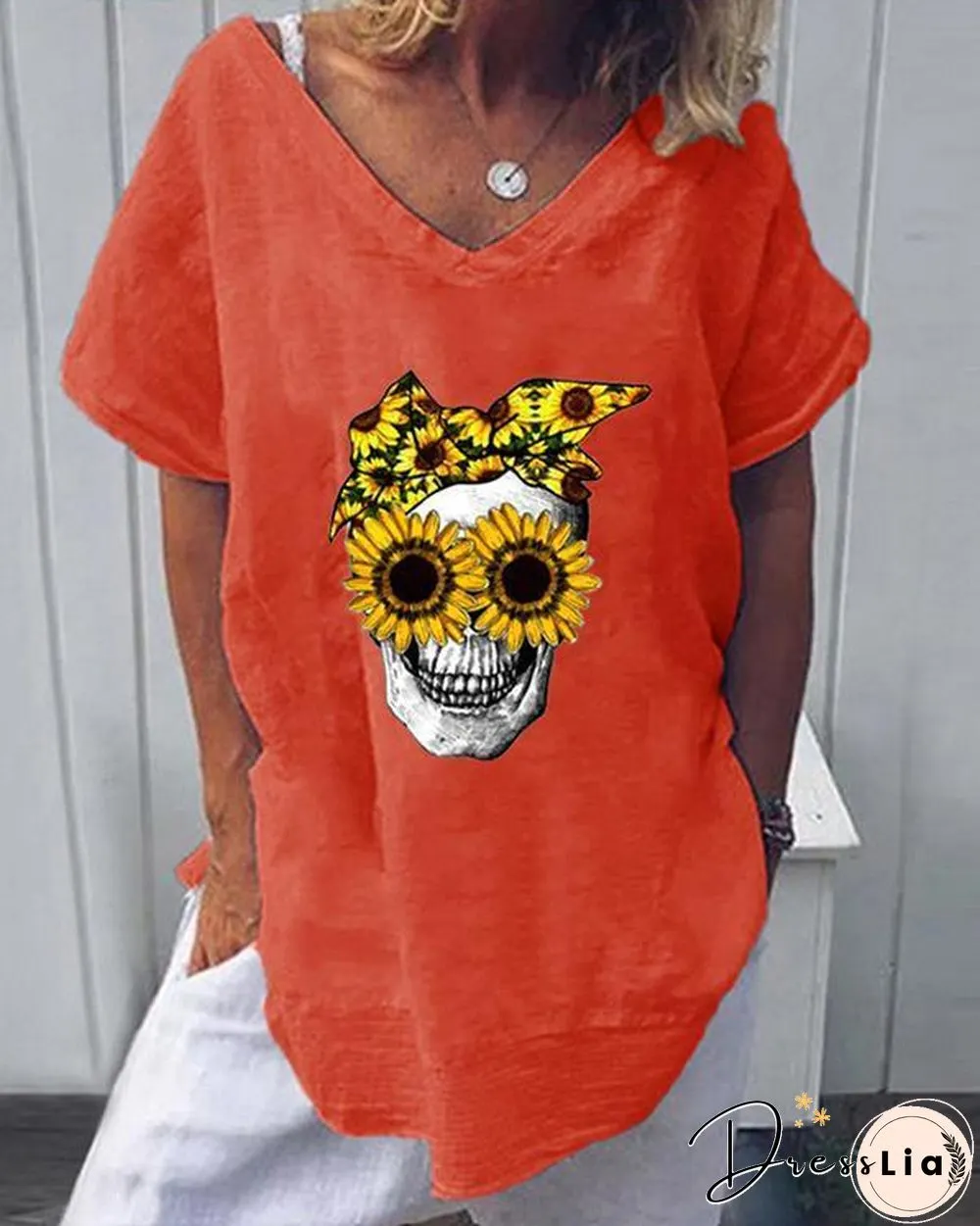 Skull Floral Print Casual V-Neckline Short Sleeve Blouses