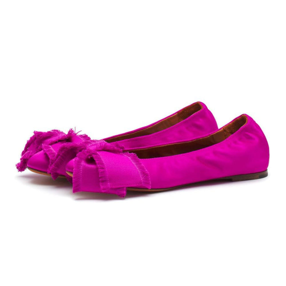 Fuchsia Satin Slip-On Raw Edge Bow Embellished Flat Shoes Women